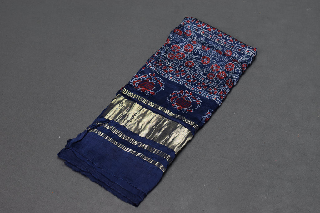 Midnight Blue Floral Modal Silk Churidar Material Set with Dupatta