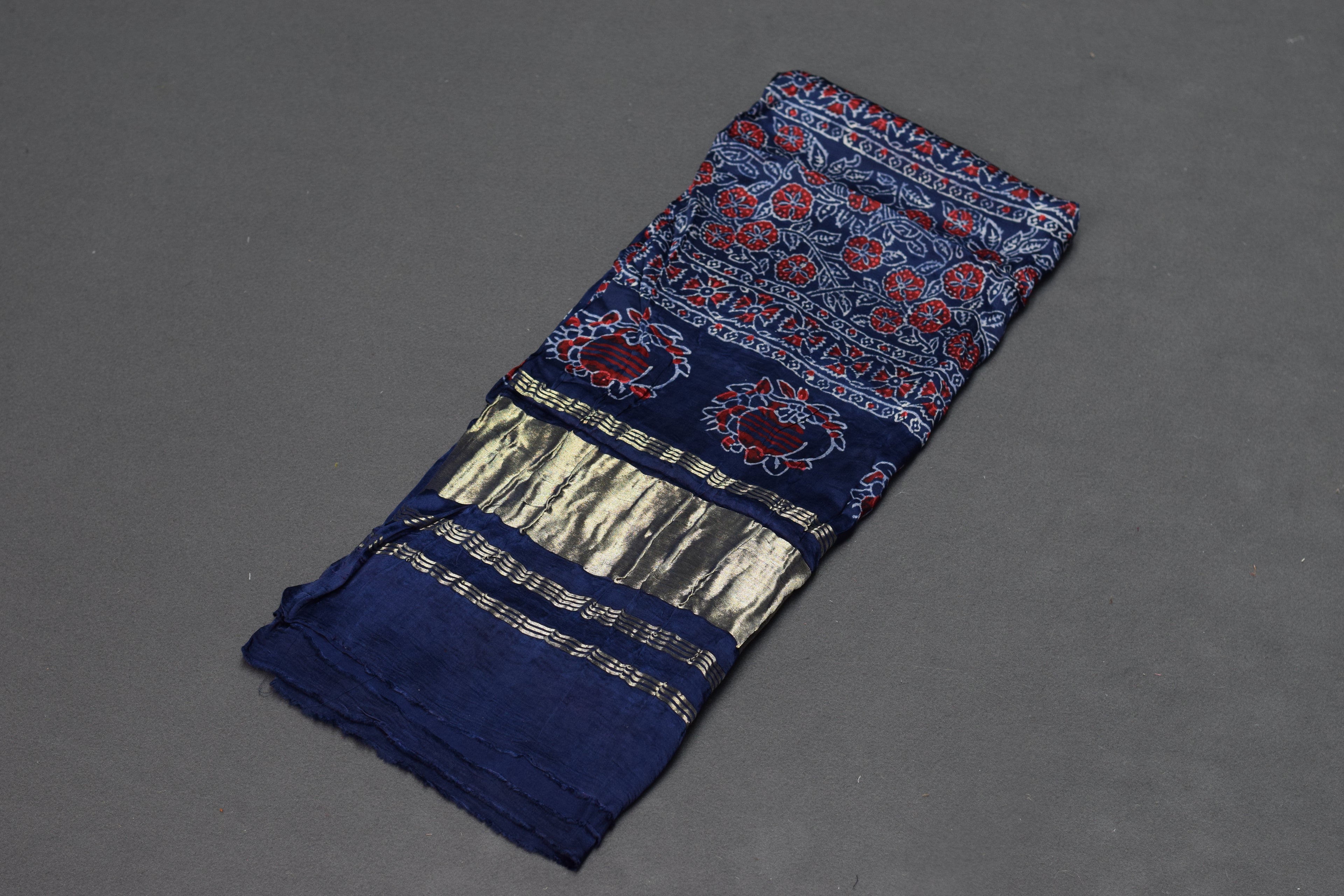 Midnight Blue Floral Modal Silk Churidar Material Set with Dupatta