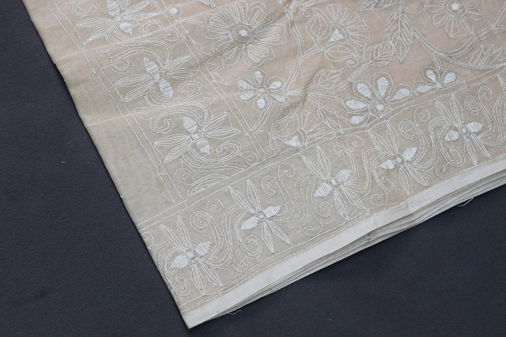 Elegant Beige Embroidered Saree with Intricate Floral Border