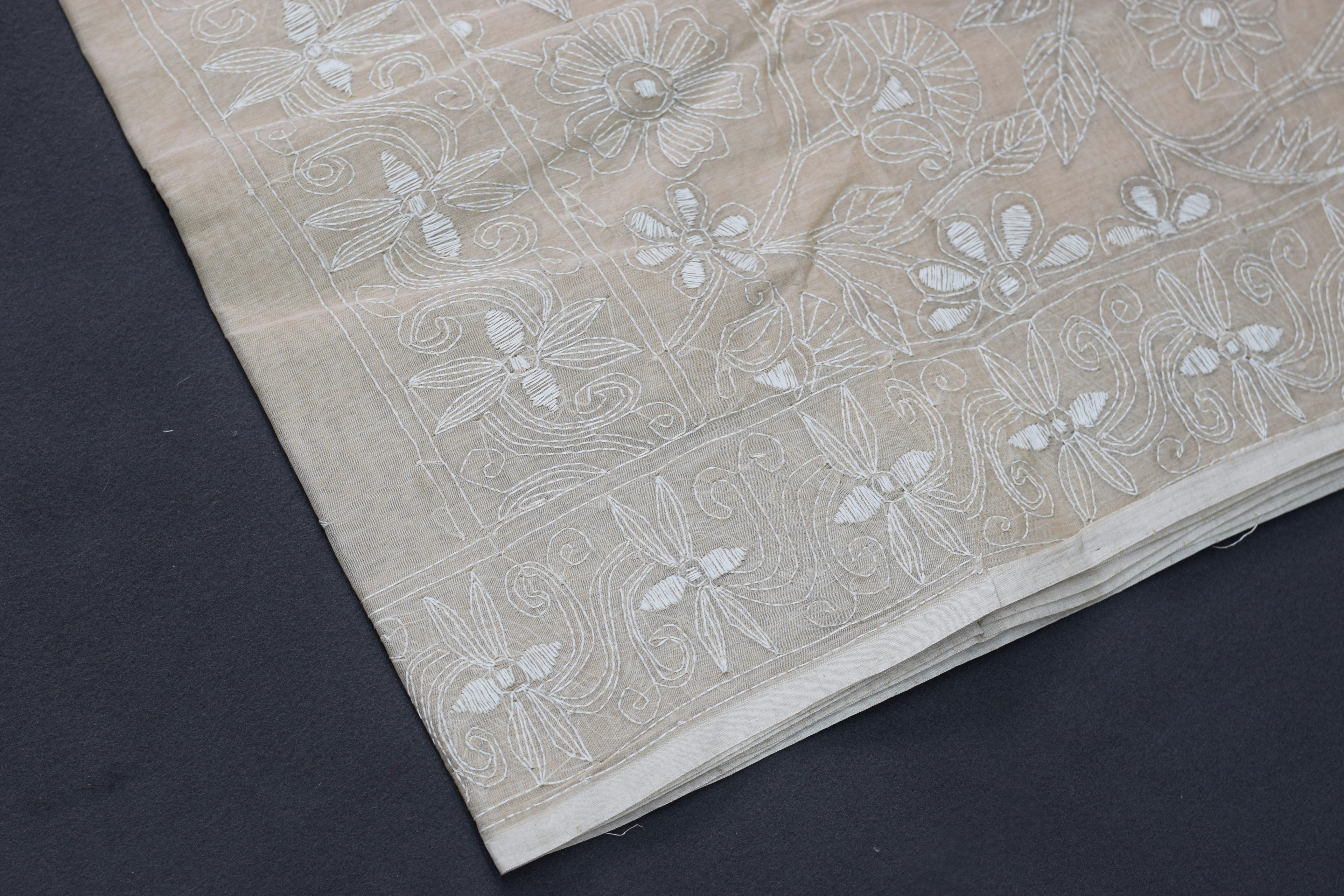 Elegant Beige Embroidered Saree with Intricate Floral Border