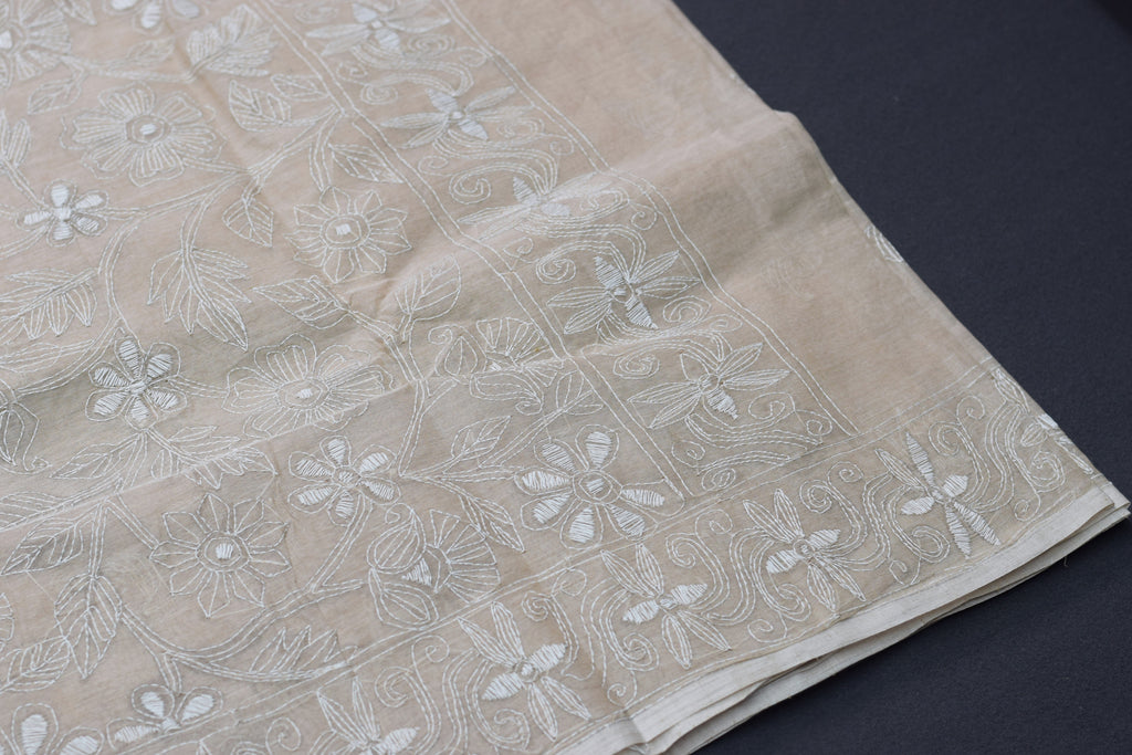 Elegant Beige Embroidered Saree with Intricate Floral Border