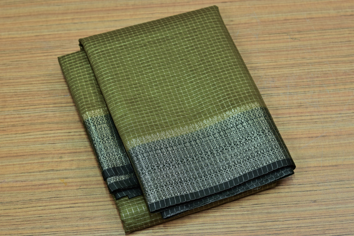 Olive Green Semi Banarasi Silk Saree with Zari Checkered Body & – Nushio by Pulpel