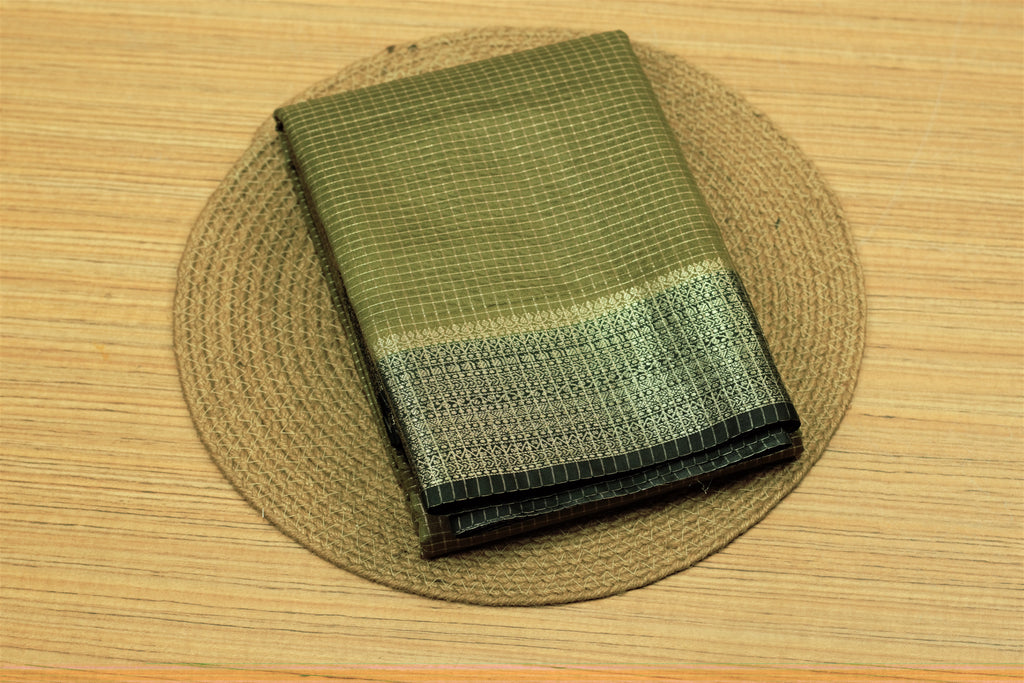 Olive Green Semi Banarasi Silk Saree with Zari Checkered Body & – Nushio by Pulpel