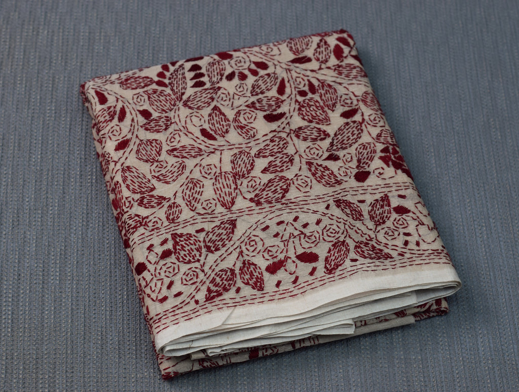 Elegant Beige Cotton Saree with Maroon Floral Border & Pallu