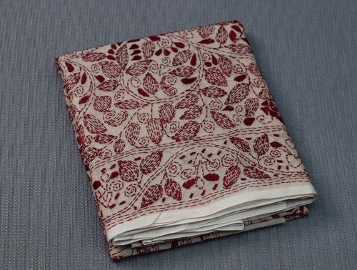 Elegant Beige Cotton Saree with Maroon Floral Border & Pallu