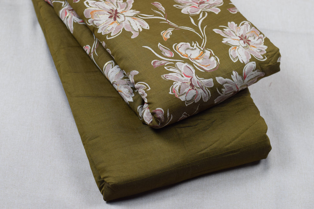Olive Green Floral Vatican Silk Dress Material Set | Top & Bottom | 56''Width