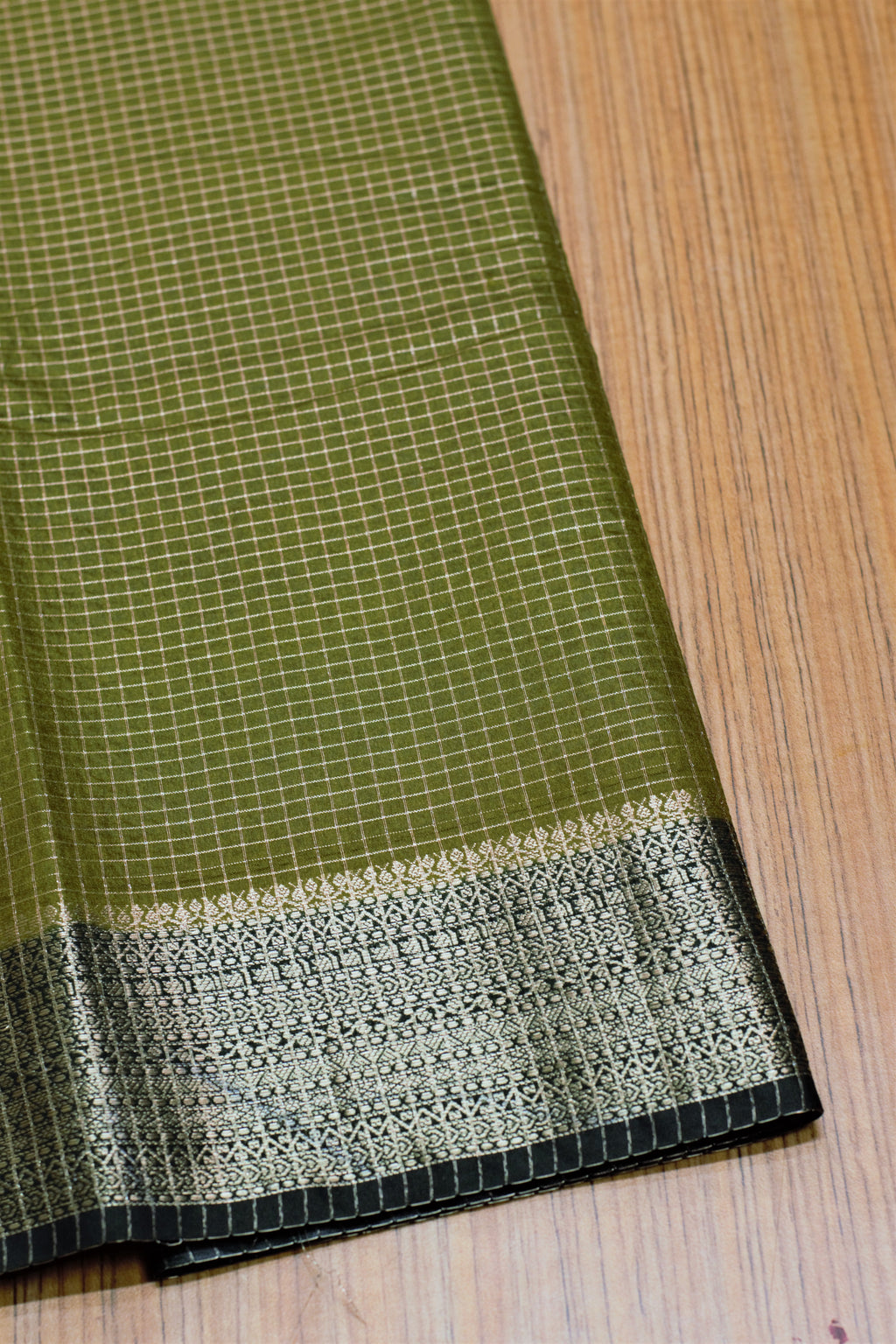 Olive Green Semi Banarasi Silk Saree with Zari Checkered Body & – Nushio by Pulpel