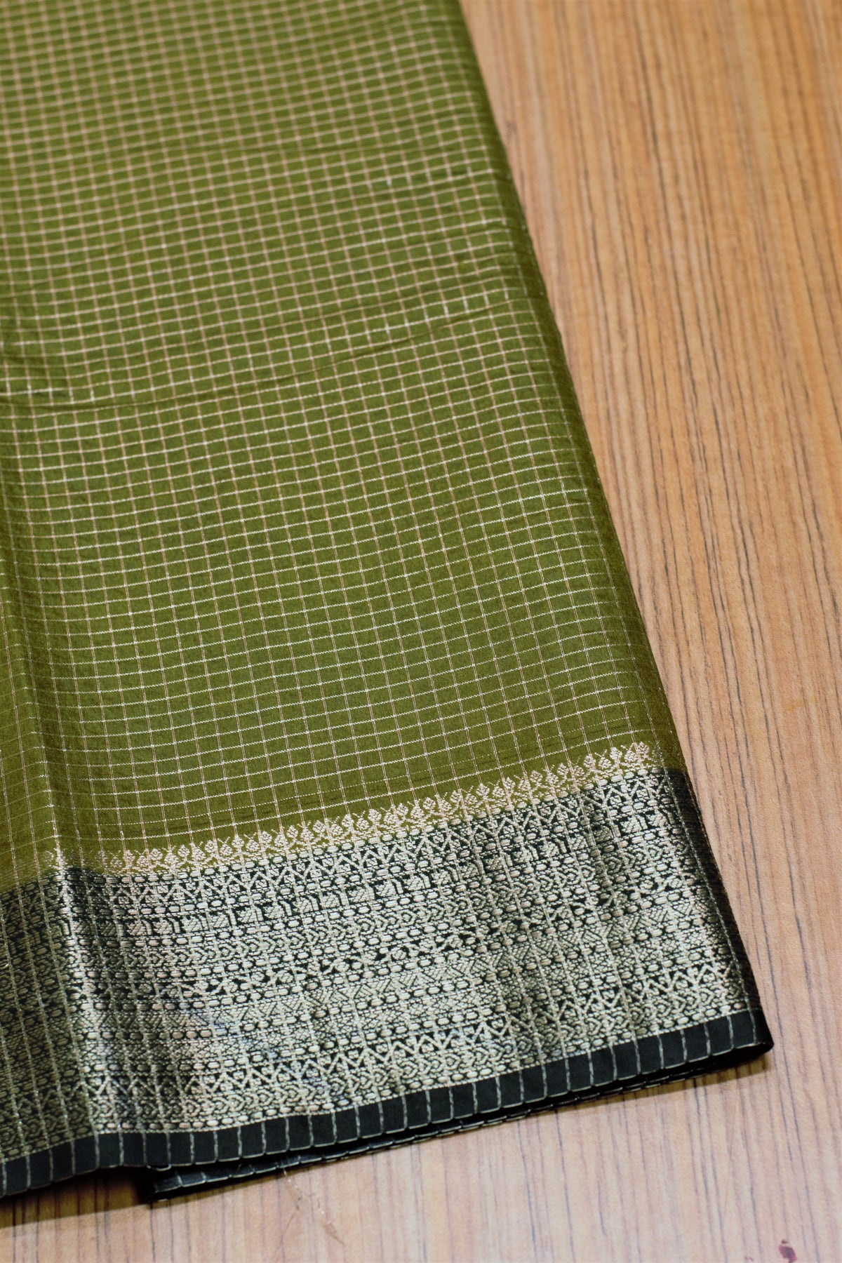 Olive Green Semi Banarasi Silk Saree with Zari Checkered Body & – Nushio by Pulpel