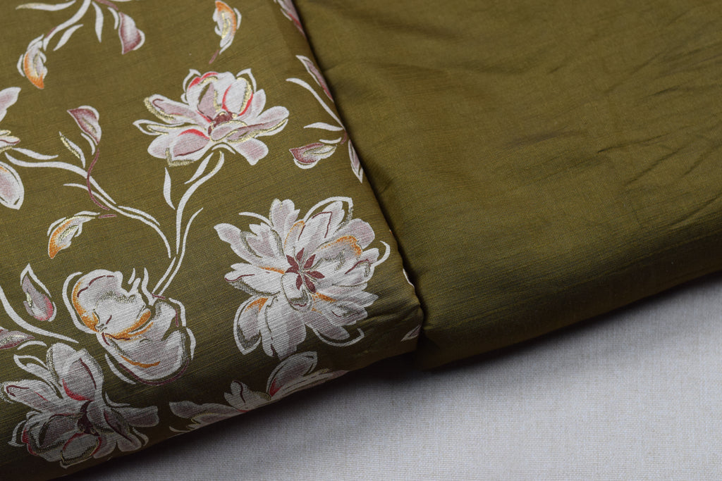 Olive Green Floral Vatican Silk Dress Material Set | Top & Bottom | 56''Width