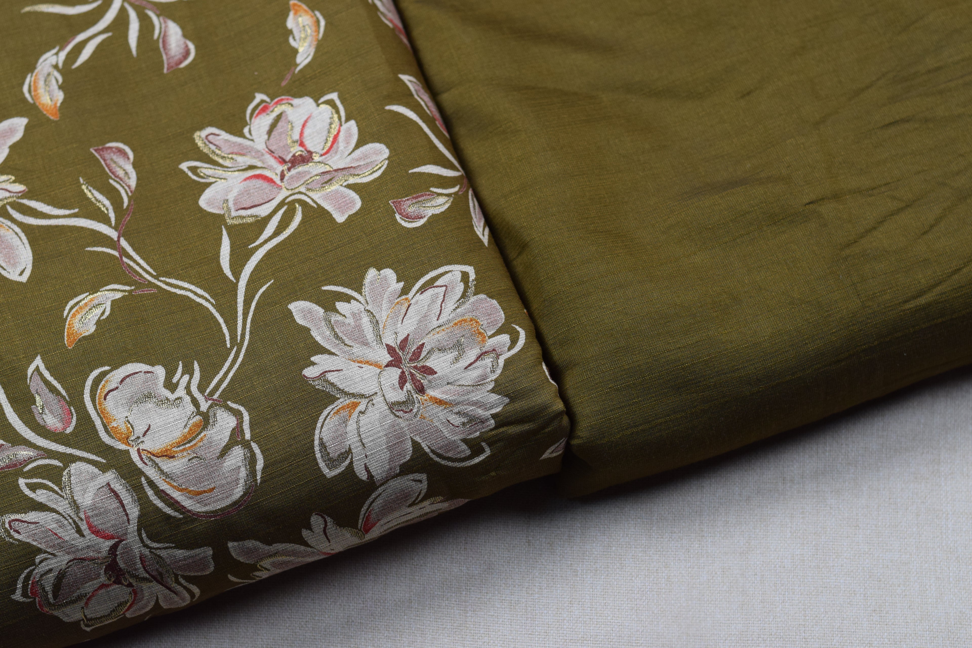 Olive Green Floral Vatican Silk Dress Material Set | Top & Bottom | 56''Width