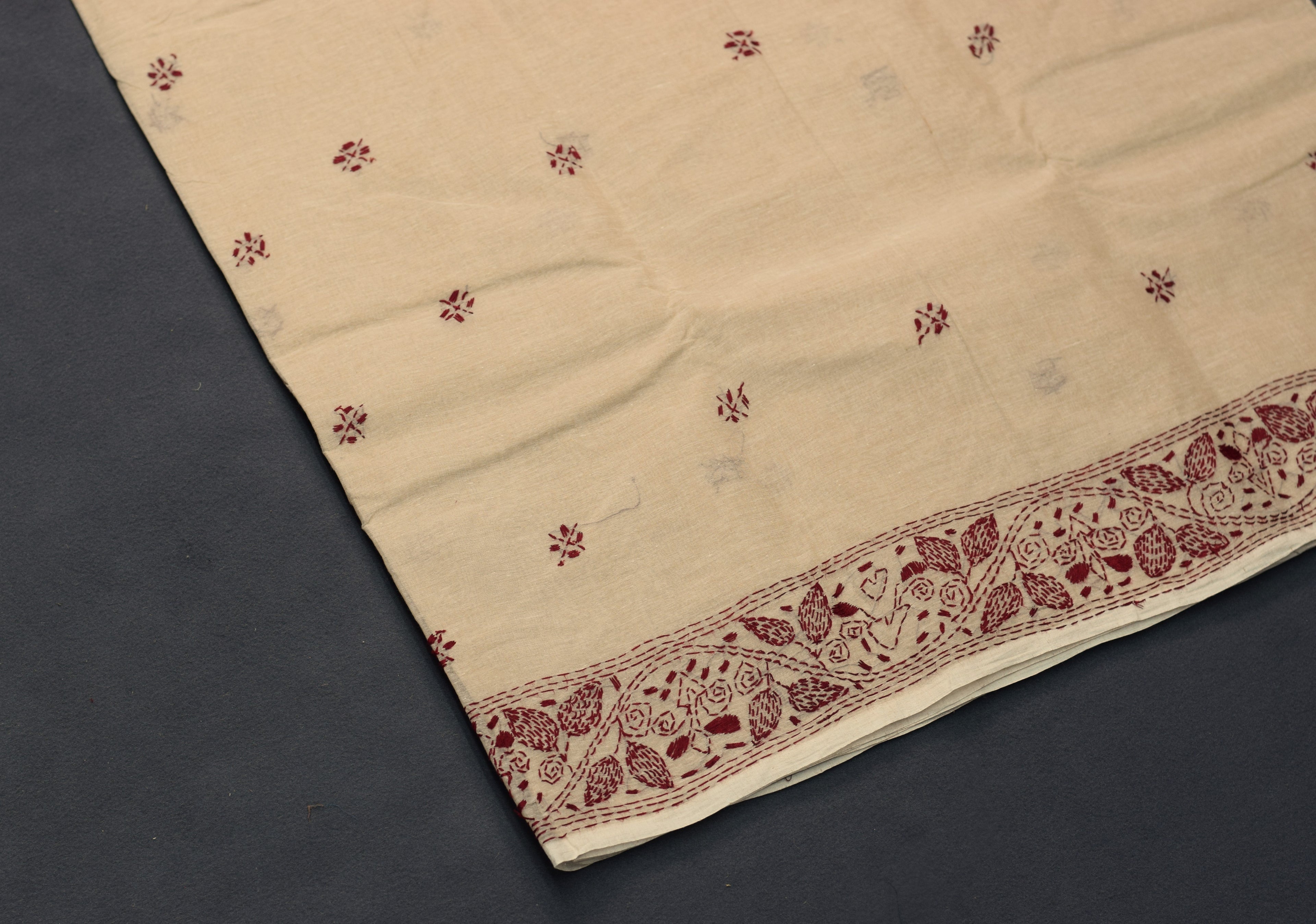 Elegant Beige Cotton Saree with Maroon Floral Border & Pallu