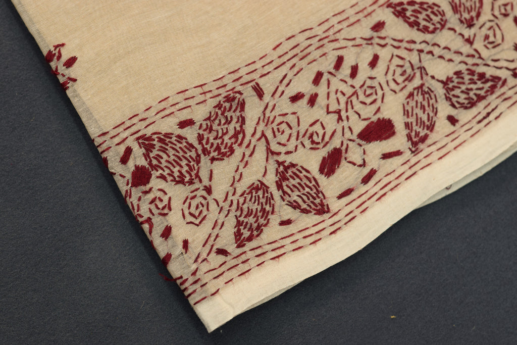 Elegant Beige Cotton Saree with Maroon Floral Border & Pallu