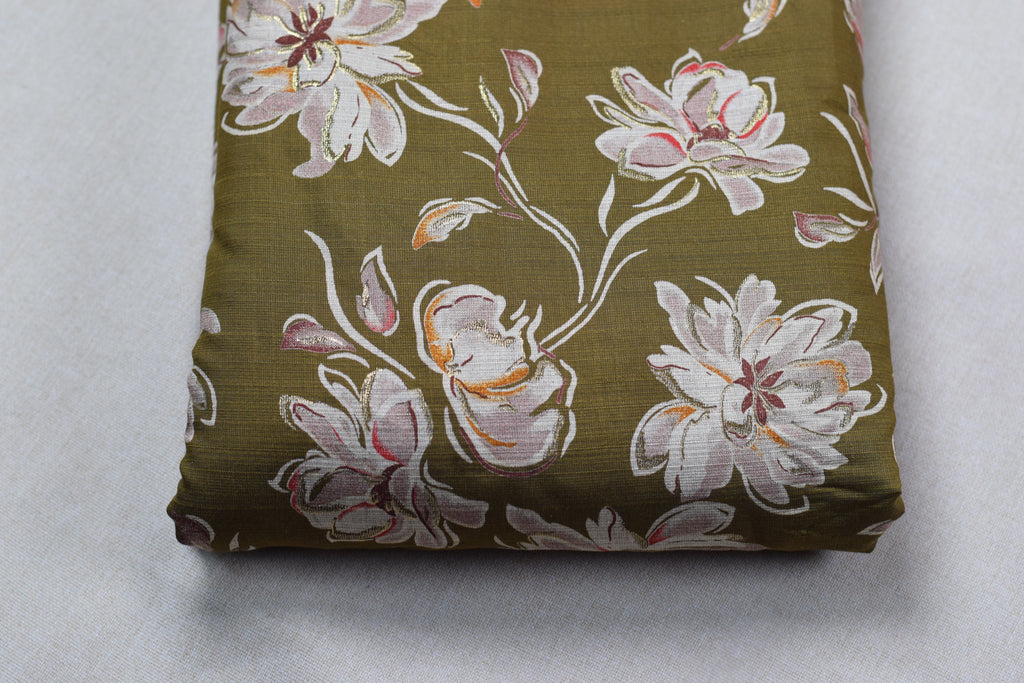 Olive Green Floral Vatican Silk Dress Material Set | Top & Bottom | 56''Width