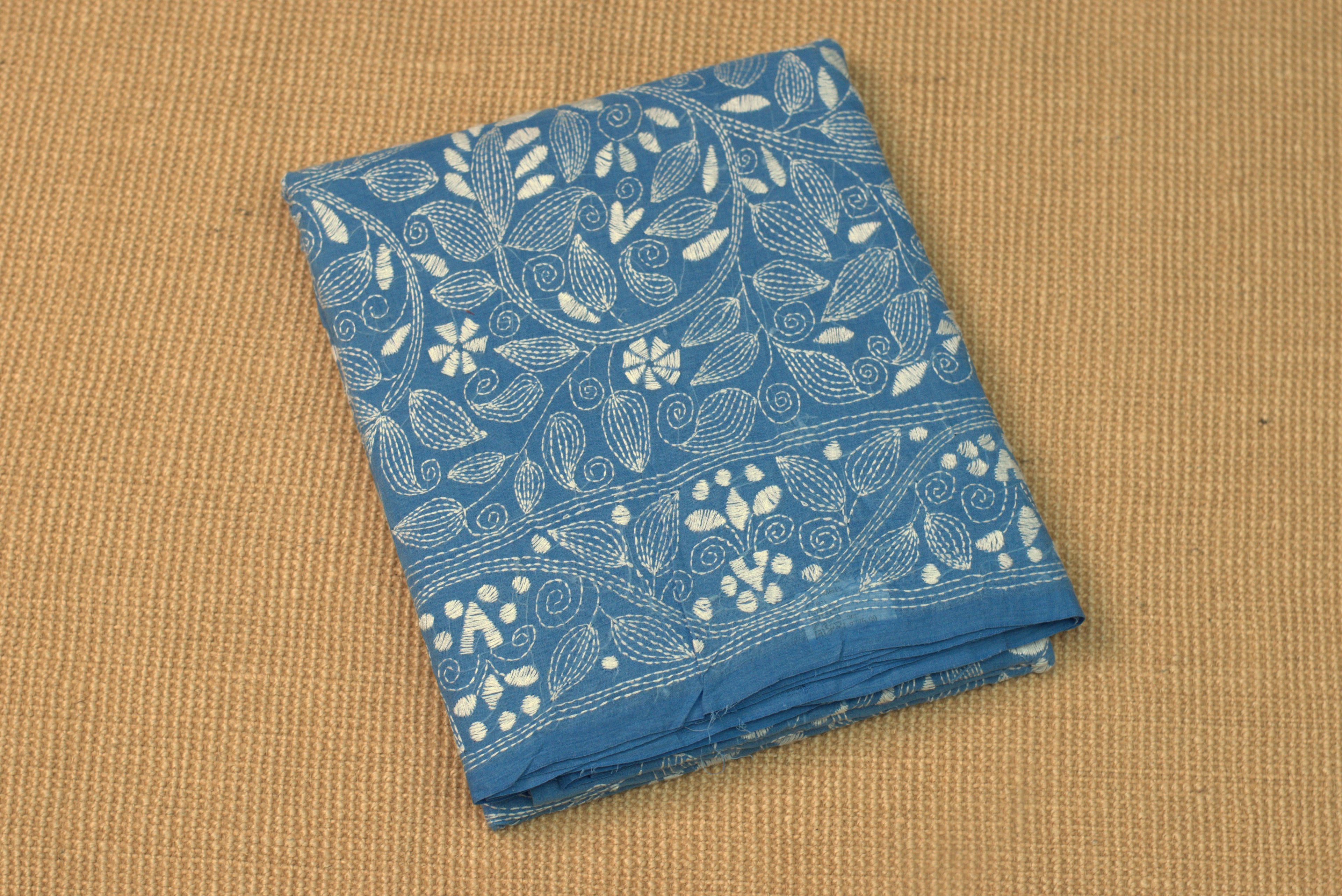 Elegant Blue Cotton Saree with Intricate Floral Border & Pallu