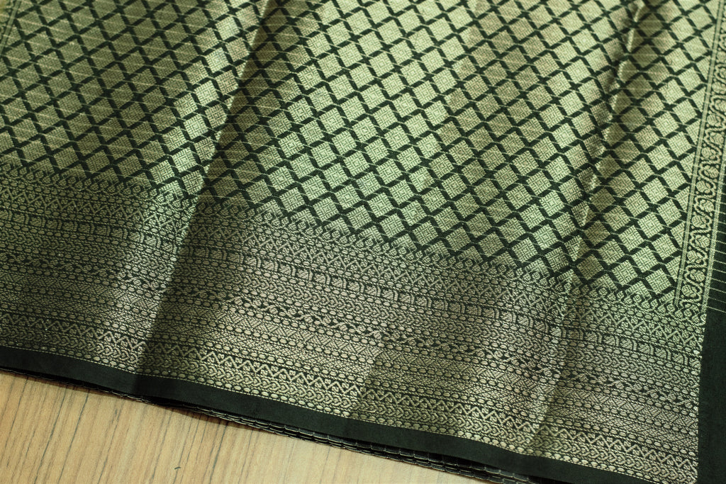 Olive Green Semi Banarasi Silk Saree with Zari Checkered Body & – Nushio by Pulpel