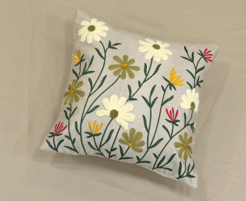 Floral Embroidered Cushion Cover Set (16x16 Inch) - Set of 5