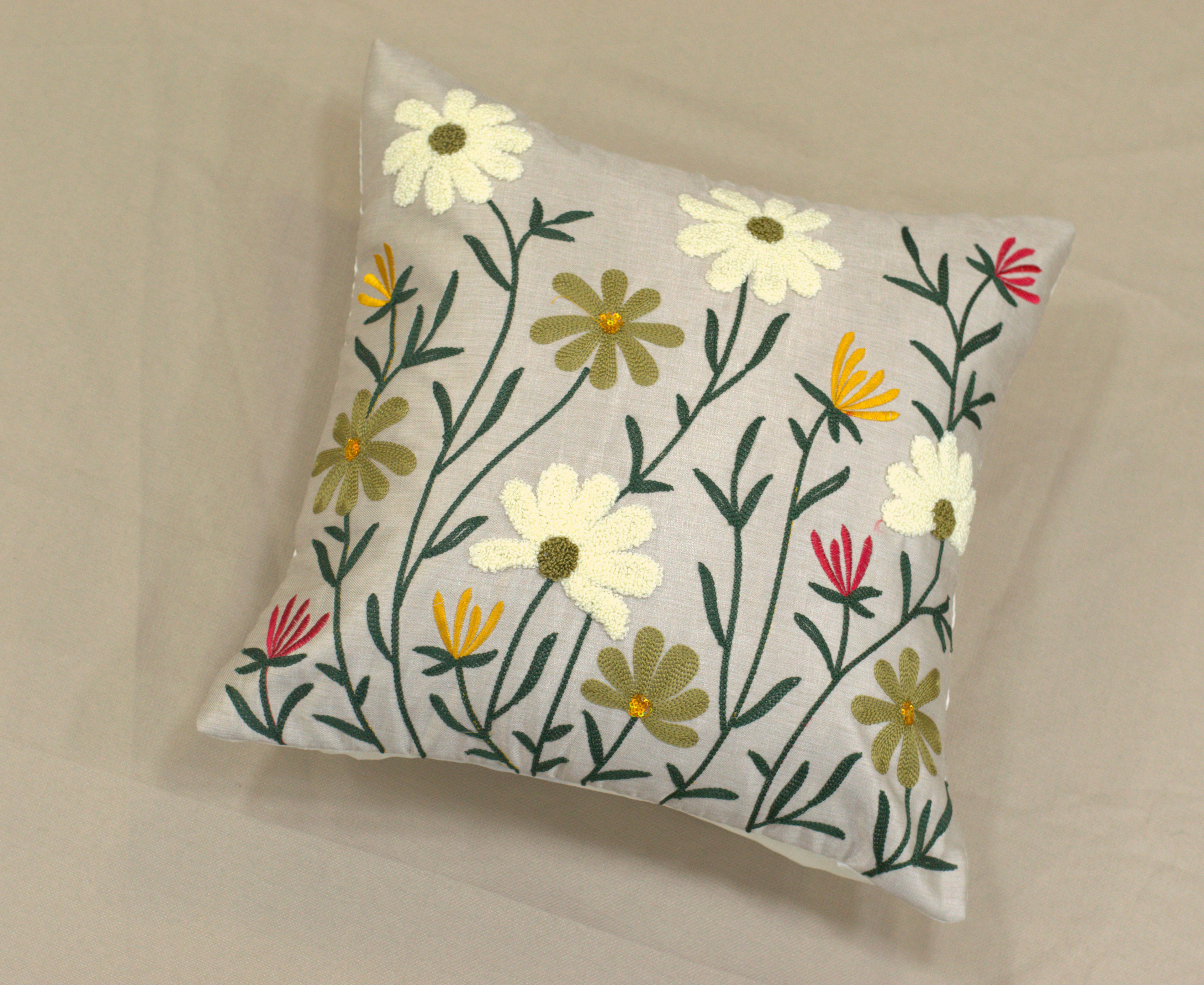 Floral Embroidered Cushion Cover Set (16x16 Inch) - Set of 5