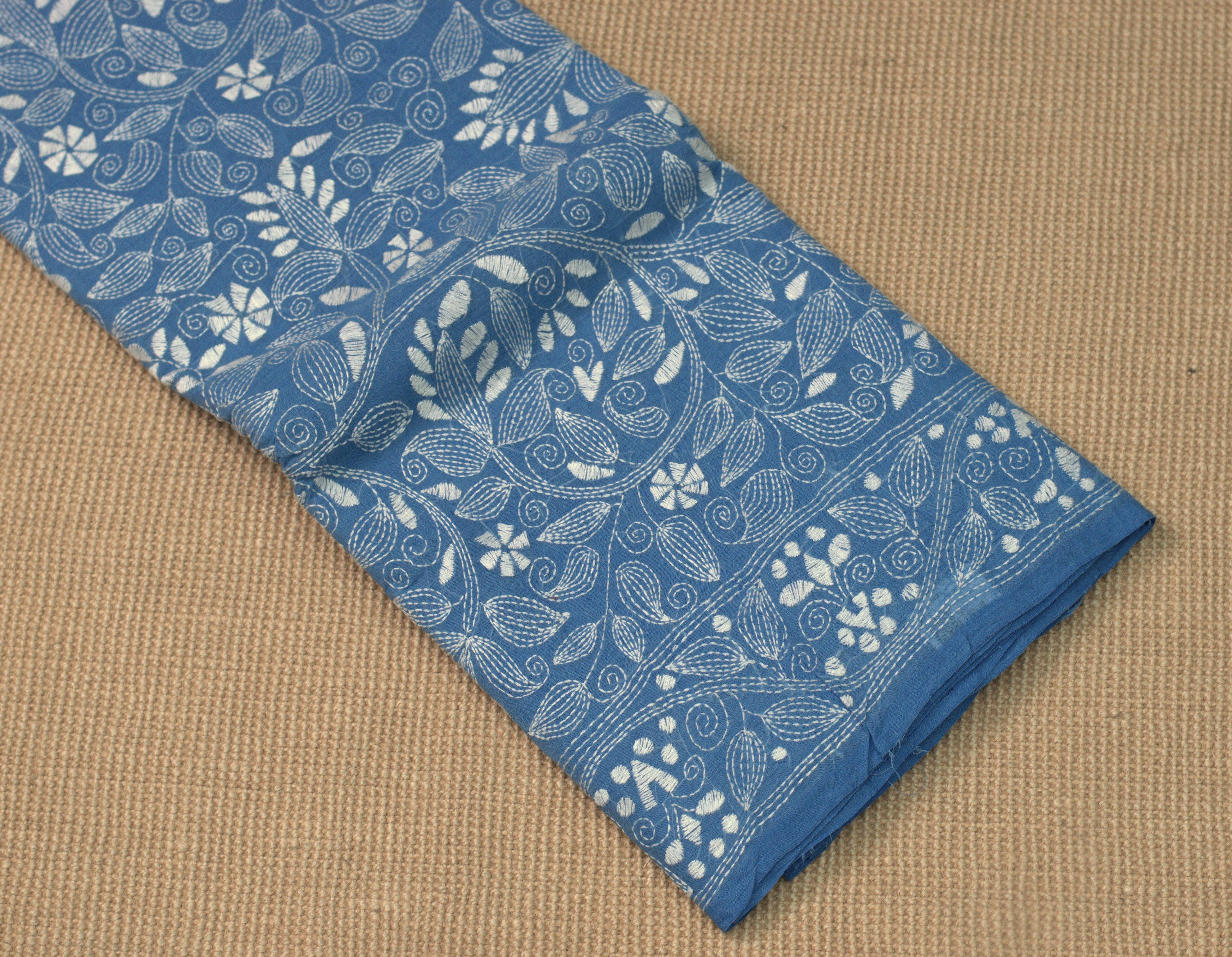 Elegant Blue Cotton Saree with Intricate Floral Border & Pallu