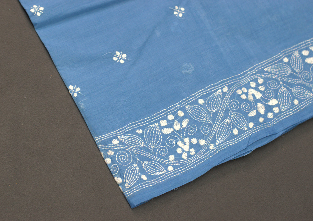 Elegant Blue Cotton Saree with Intricate Floral Border & Pallu