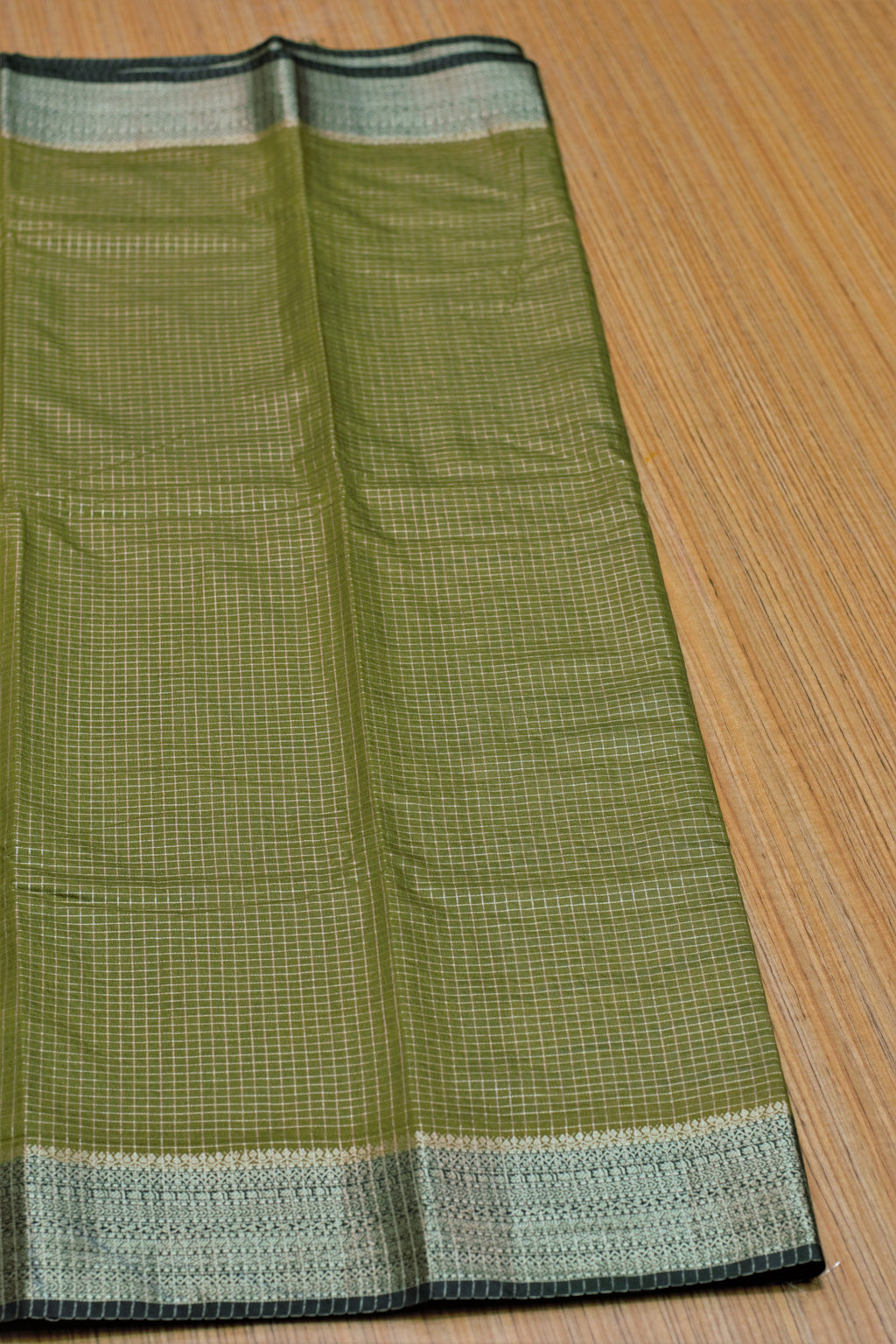 Olive Green Semi Banarasi Silk Saree with Zari Checkered Body & – Nushio by Pulpel