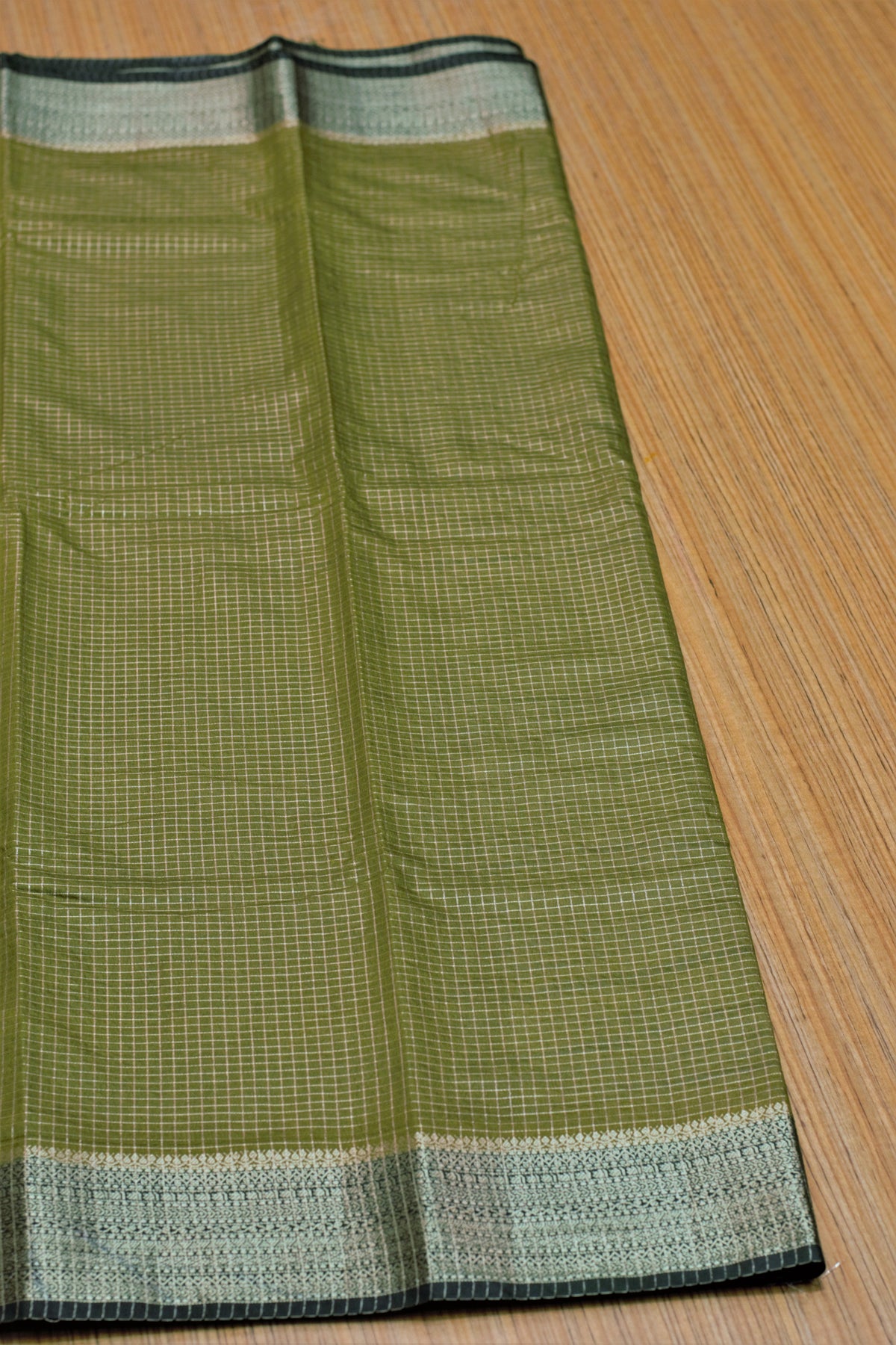 Olive Green Semi Banarasi Silk Saree with Zari Checkered Body & – Nushio by Pulpel