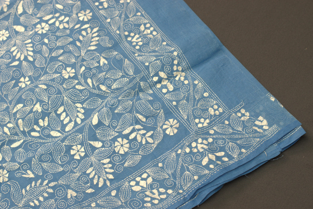 Elegant Blue Cotton Saree with Intricate Floral Border & Pallu