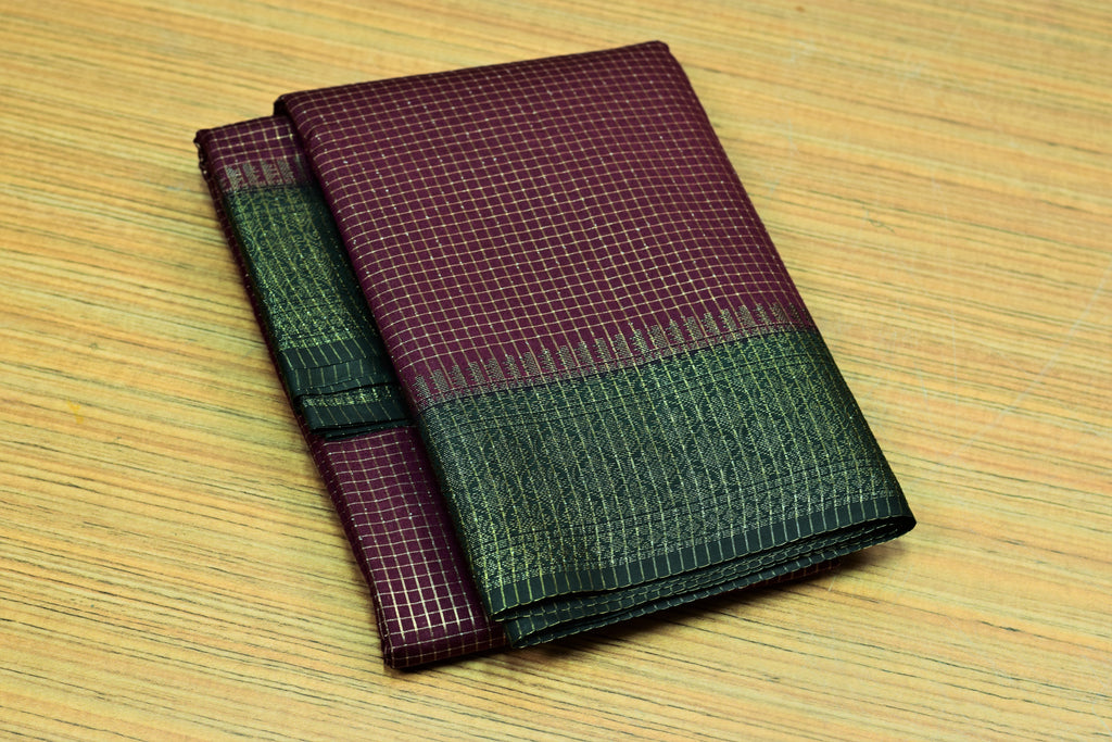 Wine & Bottle Green Semi Banarasi Silk Saree with Zari Checkered – Nushio by Pulpel