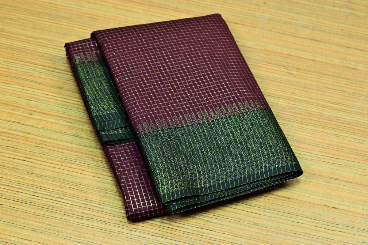 Wine & Bottle Green Semi Banarasi Silk Saree with Zari Checkered – Nushio by Pulpel