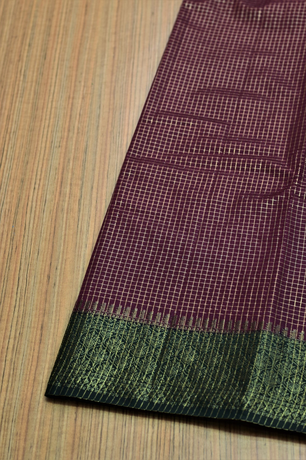 Wine & Bottle Green Semi Banarasi Silk Saree with Zari Checkered – Nushio by Pulpel