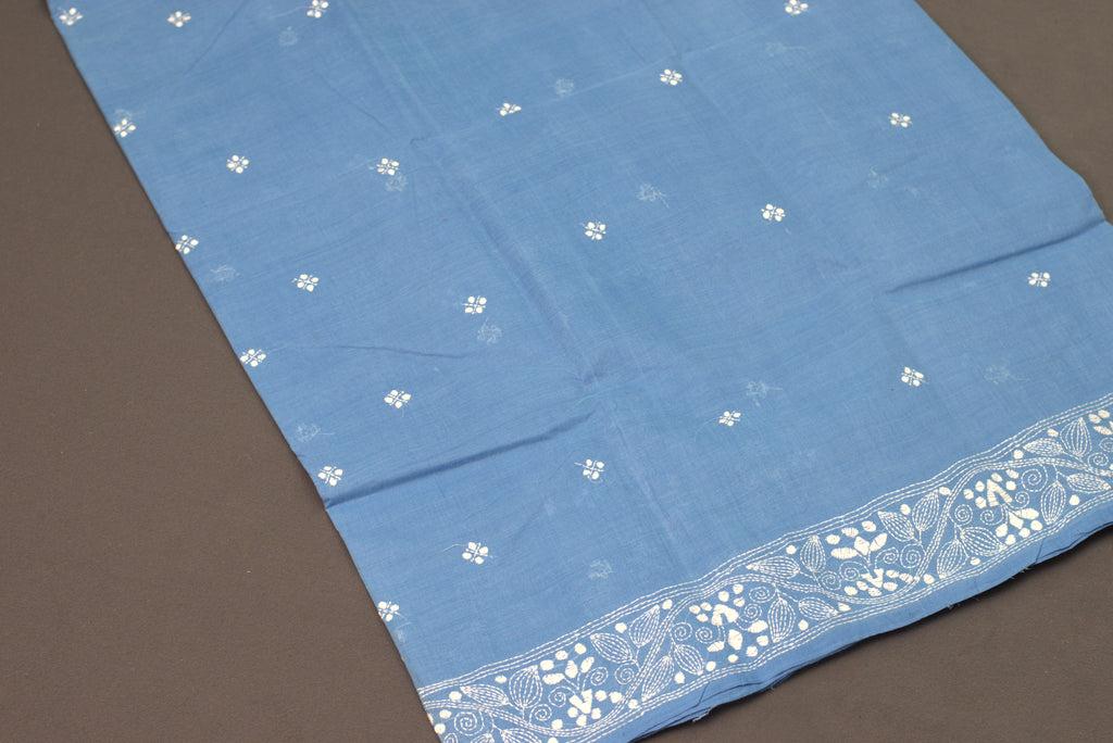 Elegant Blue Cotton Saree with Intricate Floral Border & Pallu