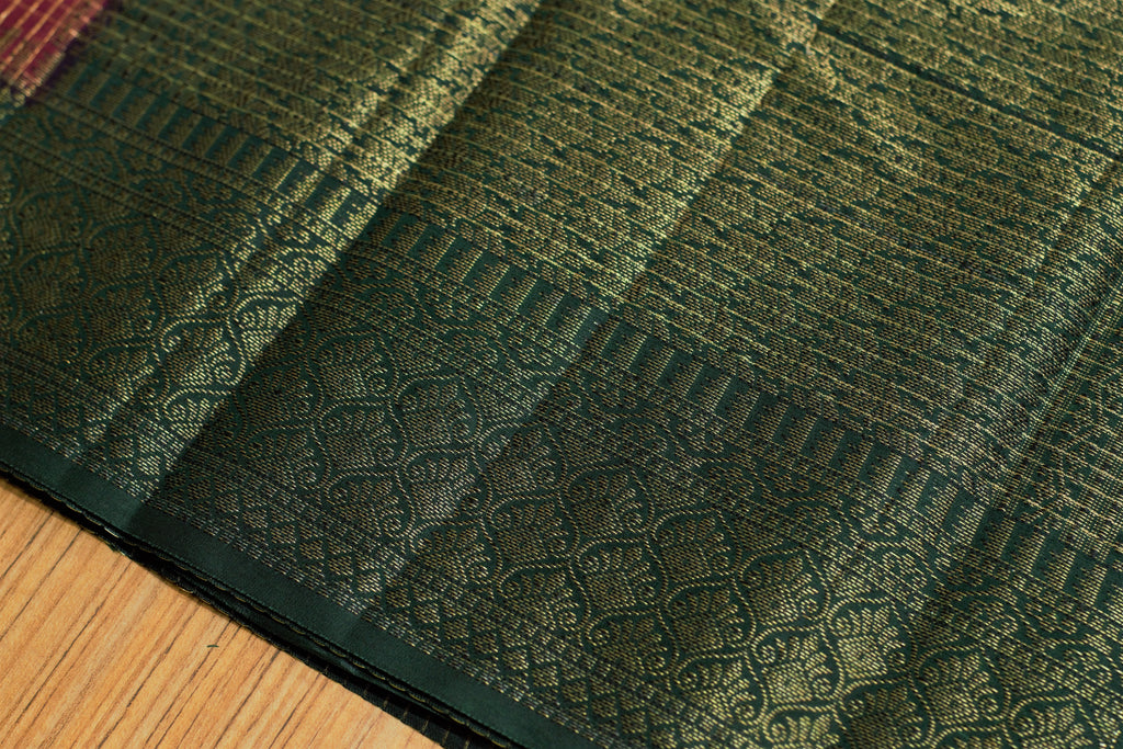 Wine & Bottle Green Semi Banarasi Silk Saree with Zari Checkered – Nushio by Pulpel
