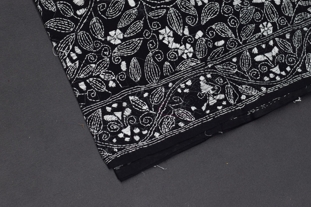 Midnight Noir Hand-Embroidered Cotton Saree with Intricate Floral Border