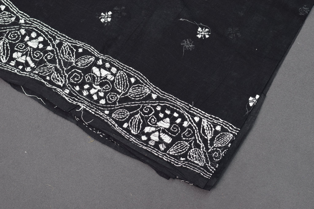 Midnight Noir Hand-Embroidered Cotton Saree with Intricate Floral Border