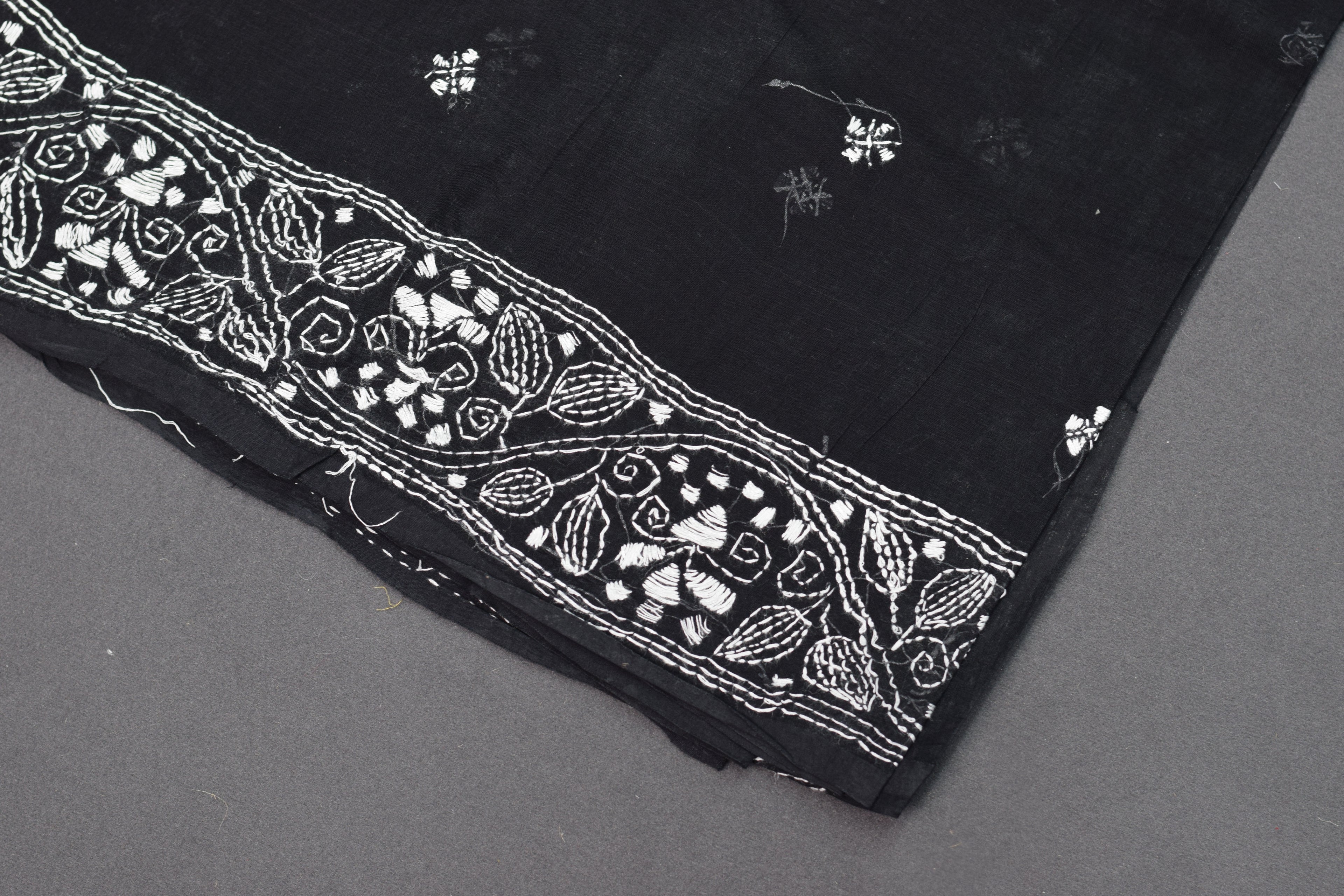 Midnight Noir Hand-Embroidered Cotton Saree with Intricate Floral Border