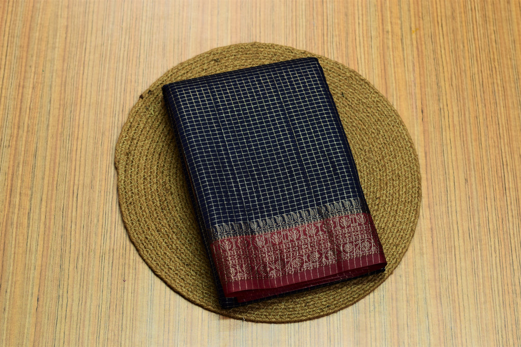 Royal Navy Blue & Maroon Semi Banarasi Silk Saree with Metallic – Nushio by Pulpel