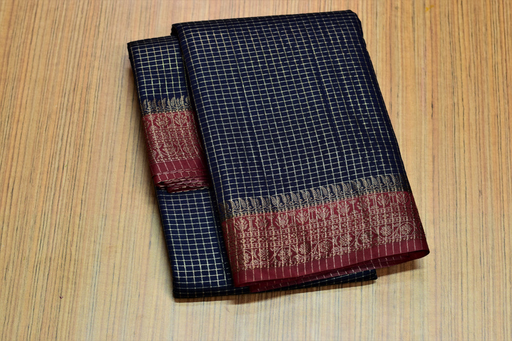 Royal Navy Blue & Maroon Semi Banarasi Silk Saree with Metallic – Nushio by Pulpel