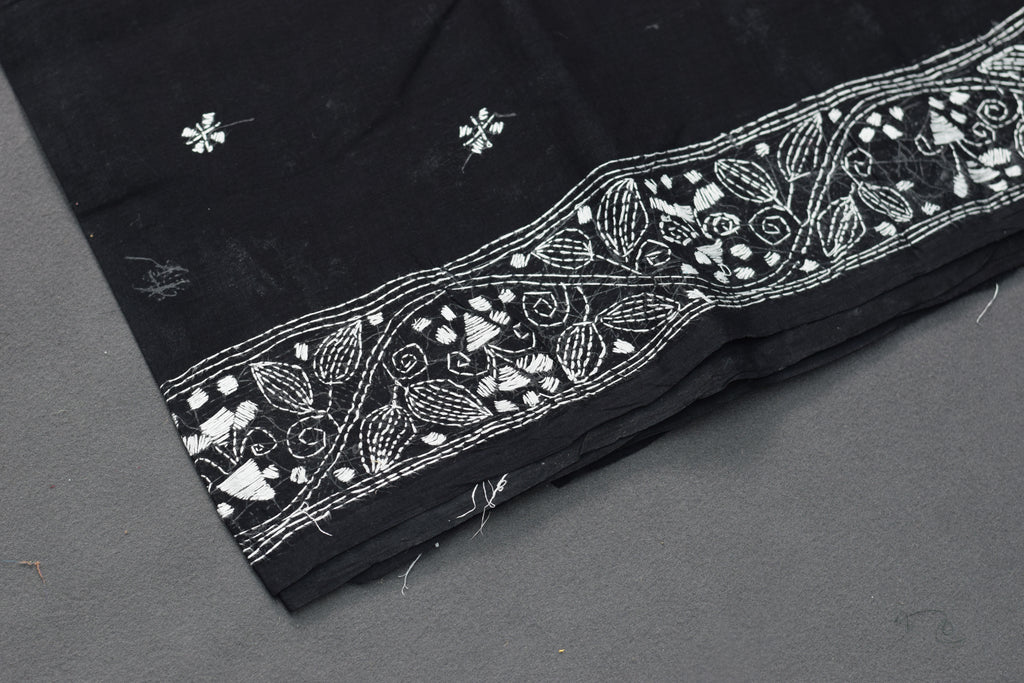 Midnight Noir Hand-Embroidered Cotton Saree with Intricate Floral Border