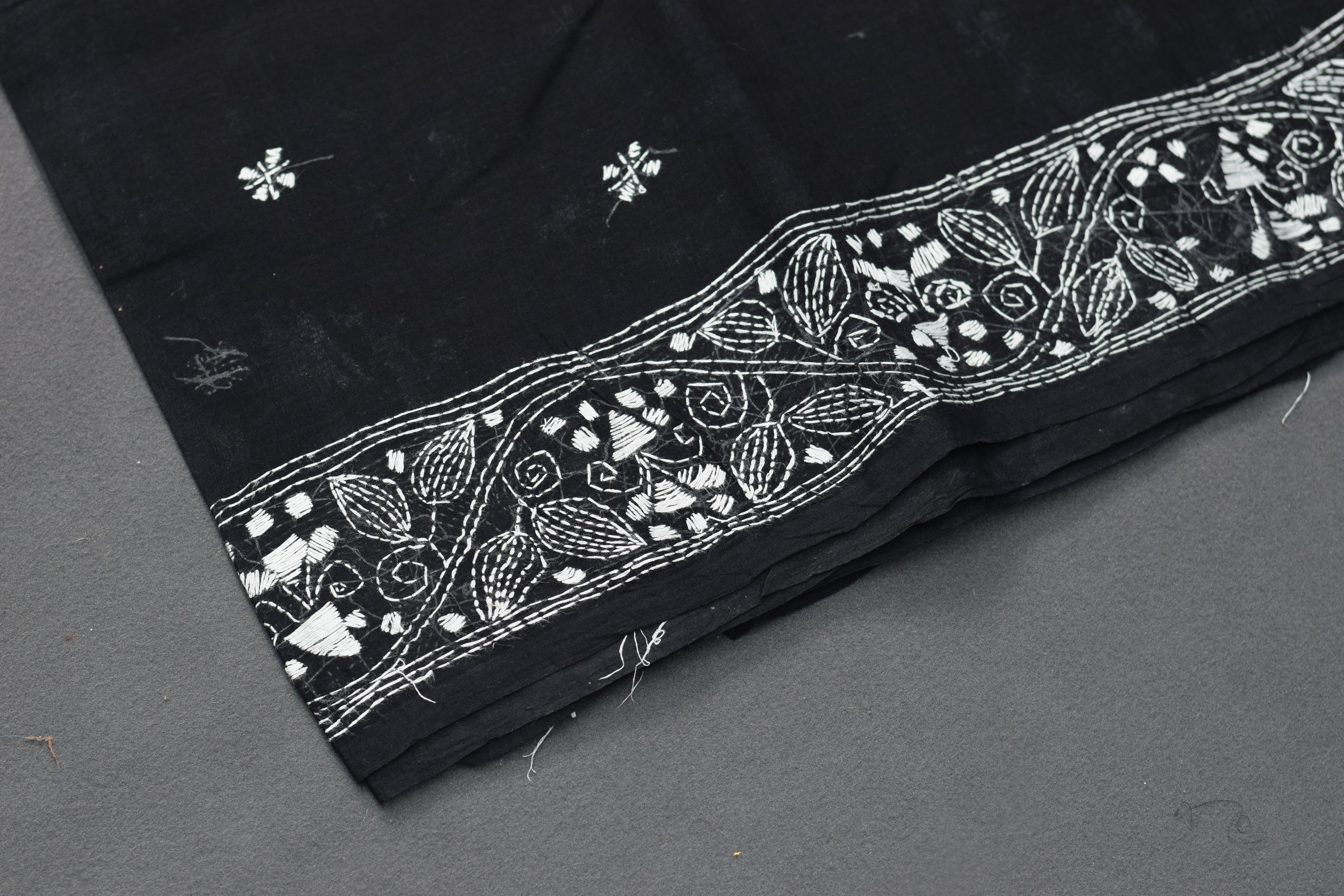 Midnight Noir Hand-Embroidered Cotton Saree with Intricate Floral Border