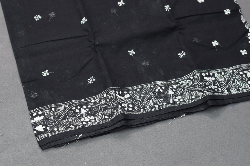 Midnight Noir Hand-Embroidered Cotton Saree with Intricate Floral Border