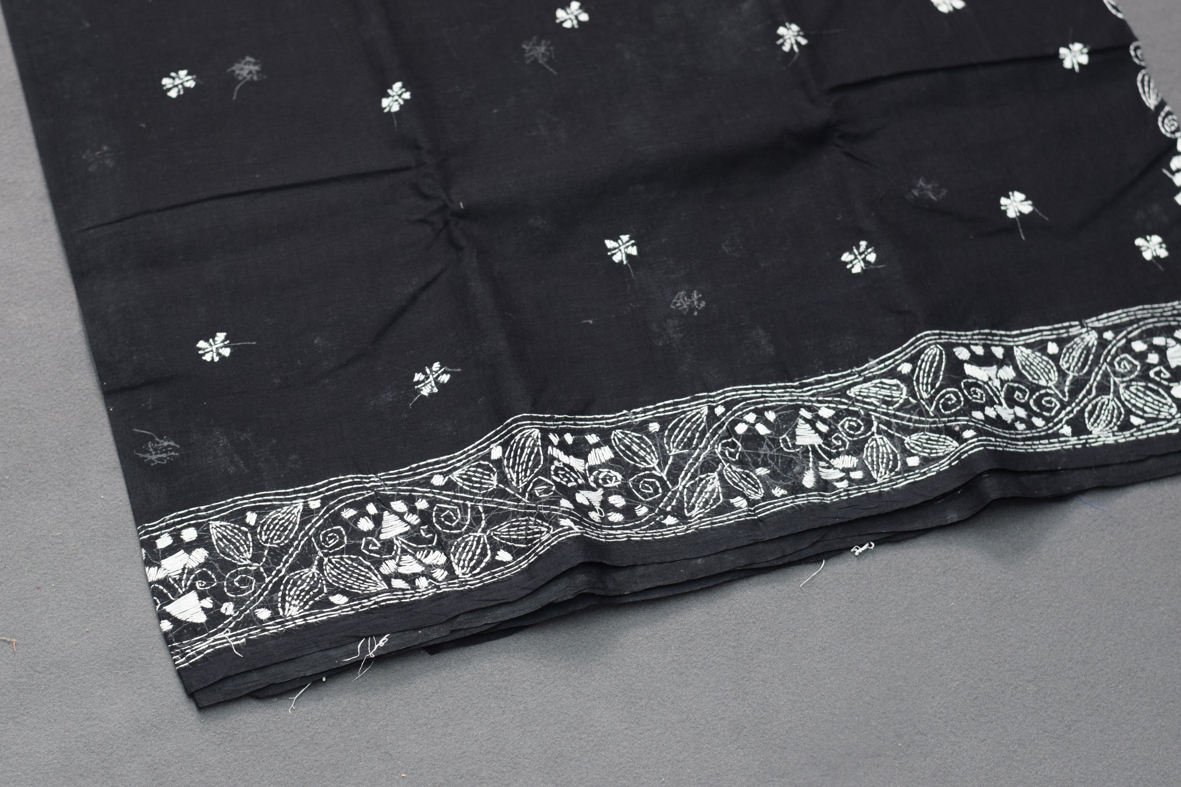 Midnight Noir Hand-Embroidered Cotton Saree with Intricate Floral Border