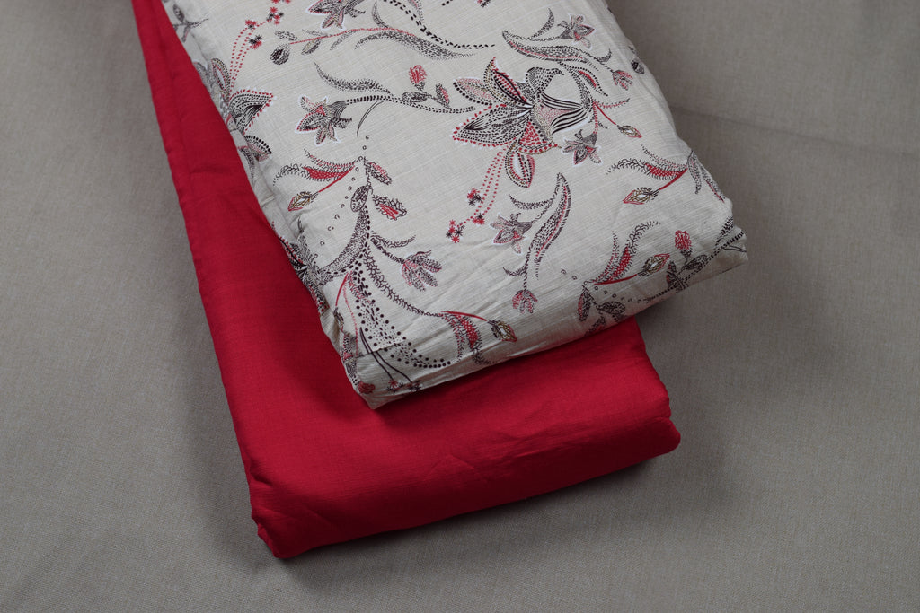 Vatican Silk Floral Print Dress Material Set – Cream & Red | Top & Bottom Fabric 56" Width)
