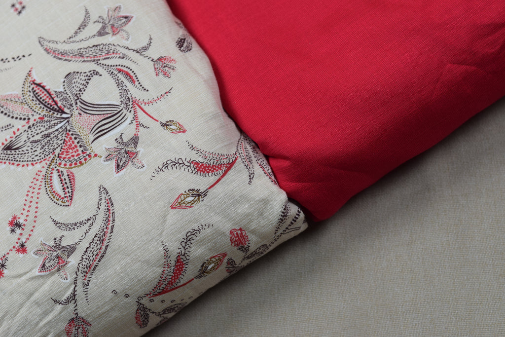 Vatican Silk Floral Print Dress Material Set – Cream & Red | Top & Bottom Fabric 56" Width)