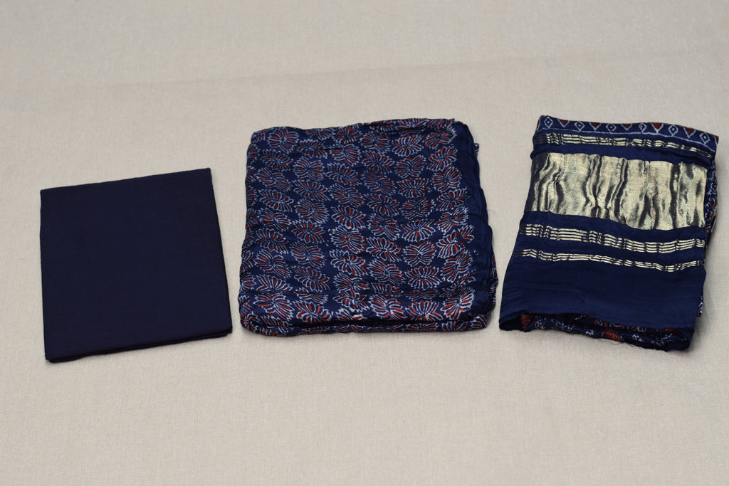 Midnight Indigo Modal Silk Churidar Material Set with Elegant Printed Design