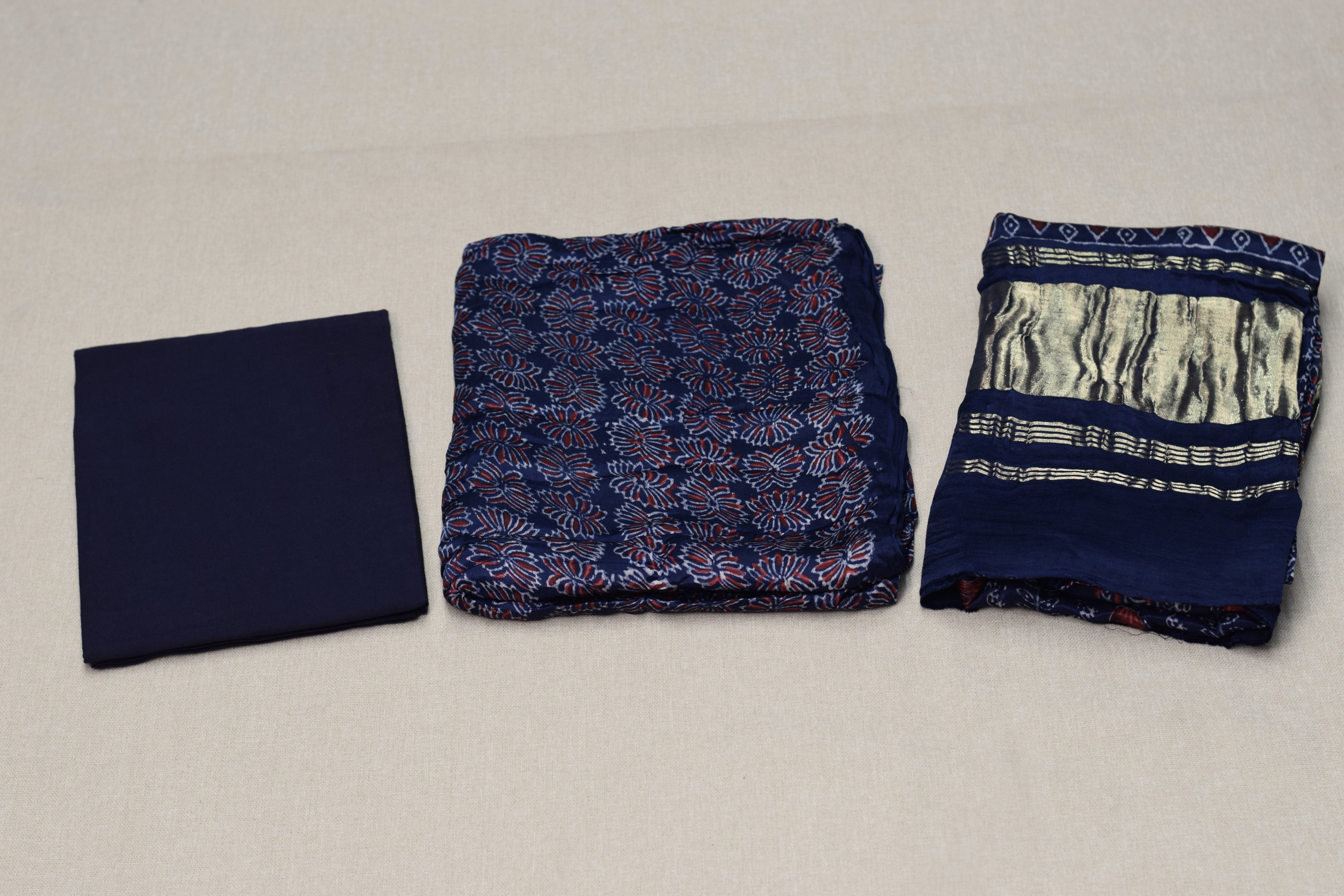 Midnight Indigo Modal Silk Churidar Material Set with Elegant Printed Design