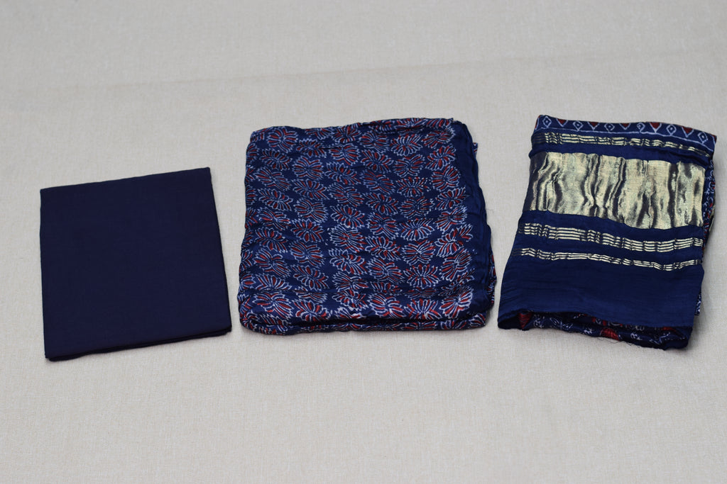 Midnight Indigo Modal Silk Churidar Material Set with Elegant Printed Design
