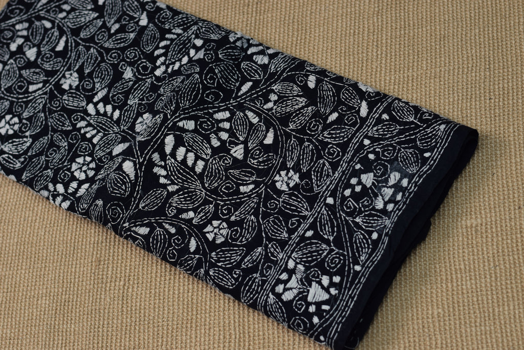 Midnight Noir Hand-Embroidered Cotton Saree with Intricate Floral Border