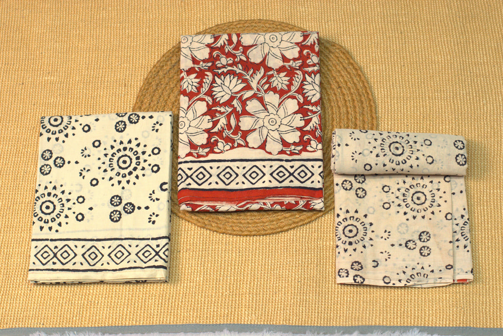 Elegant Handblock Printed Cotton Churidar Set – Red Floral & Indigo Motif