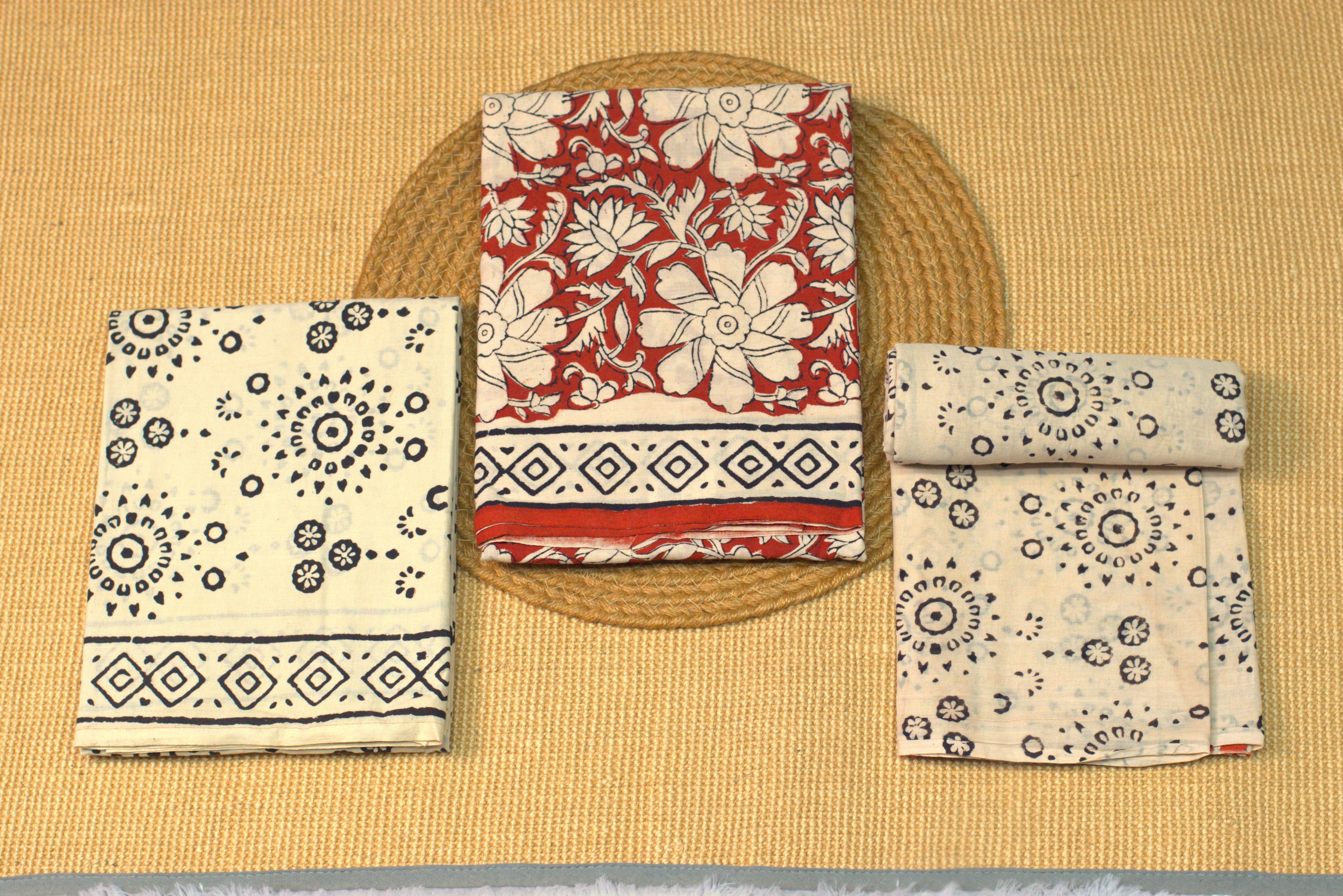 Elegant Handblock Printed Cotton Churidar Set – Red Floral & Indigo Motif