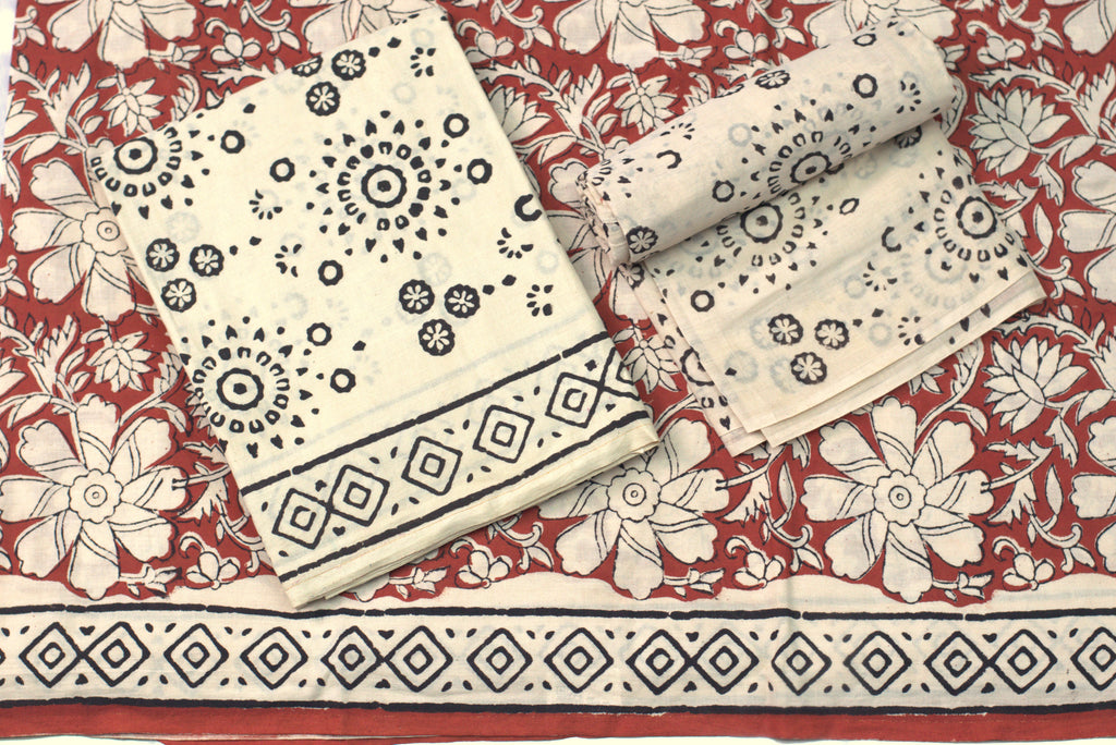 Elegant Handblock Printed Cotton Churidar Set – Red Floral & Indigo Motif
