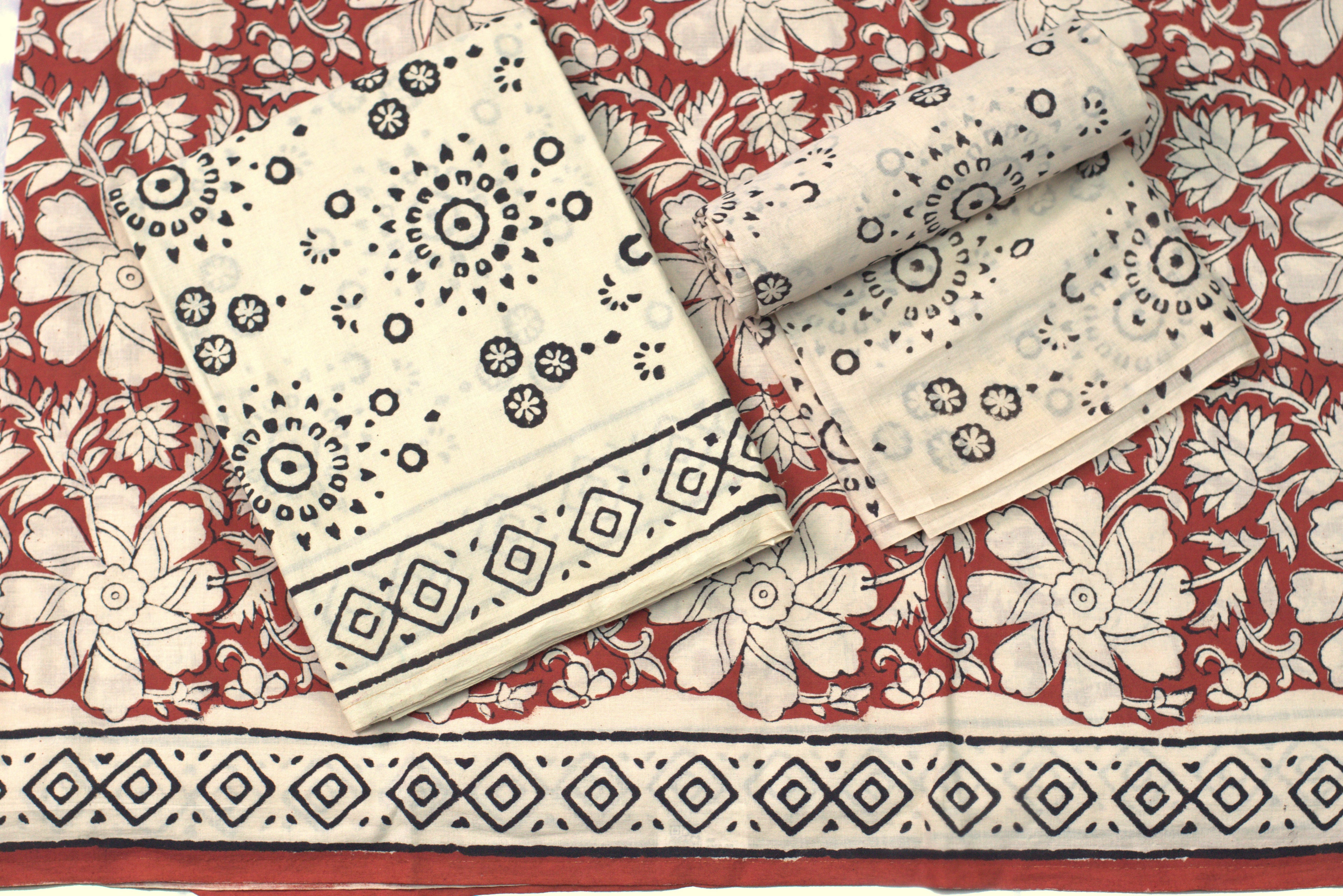 Elegant Handblock Printed Cotton Churidar Set – Red Floral & Indigo Motif